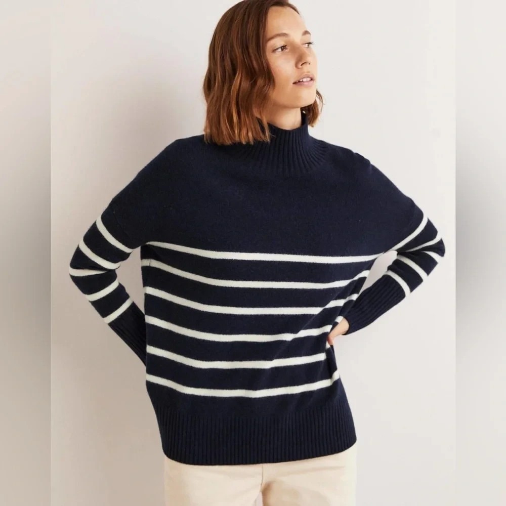 Boden Merino‎ Wool Navy Oversized High Neck Striped Jumper Sweater Size 2